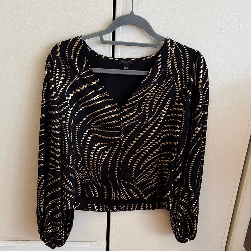 Ann Taylor Factory Black Blouse with Gold Dot Wave Print